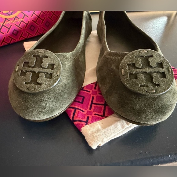 Tory Burch Minnie Travel Suede Green Flats - Picture 2 of 8